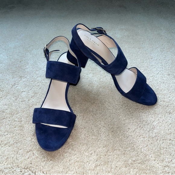 NWOT Cole Haan Avani Navy Blue Suede Block Heel Sandals - Size 11B - Picture 1 of 10